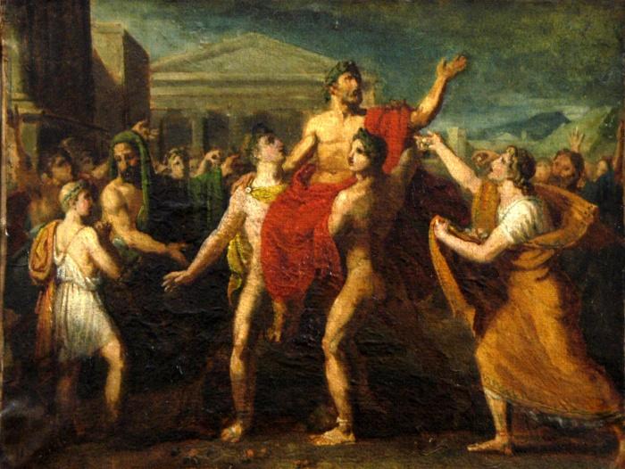 Diagoras porté en triomphe par ses fils à Olympie