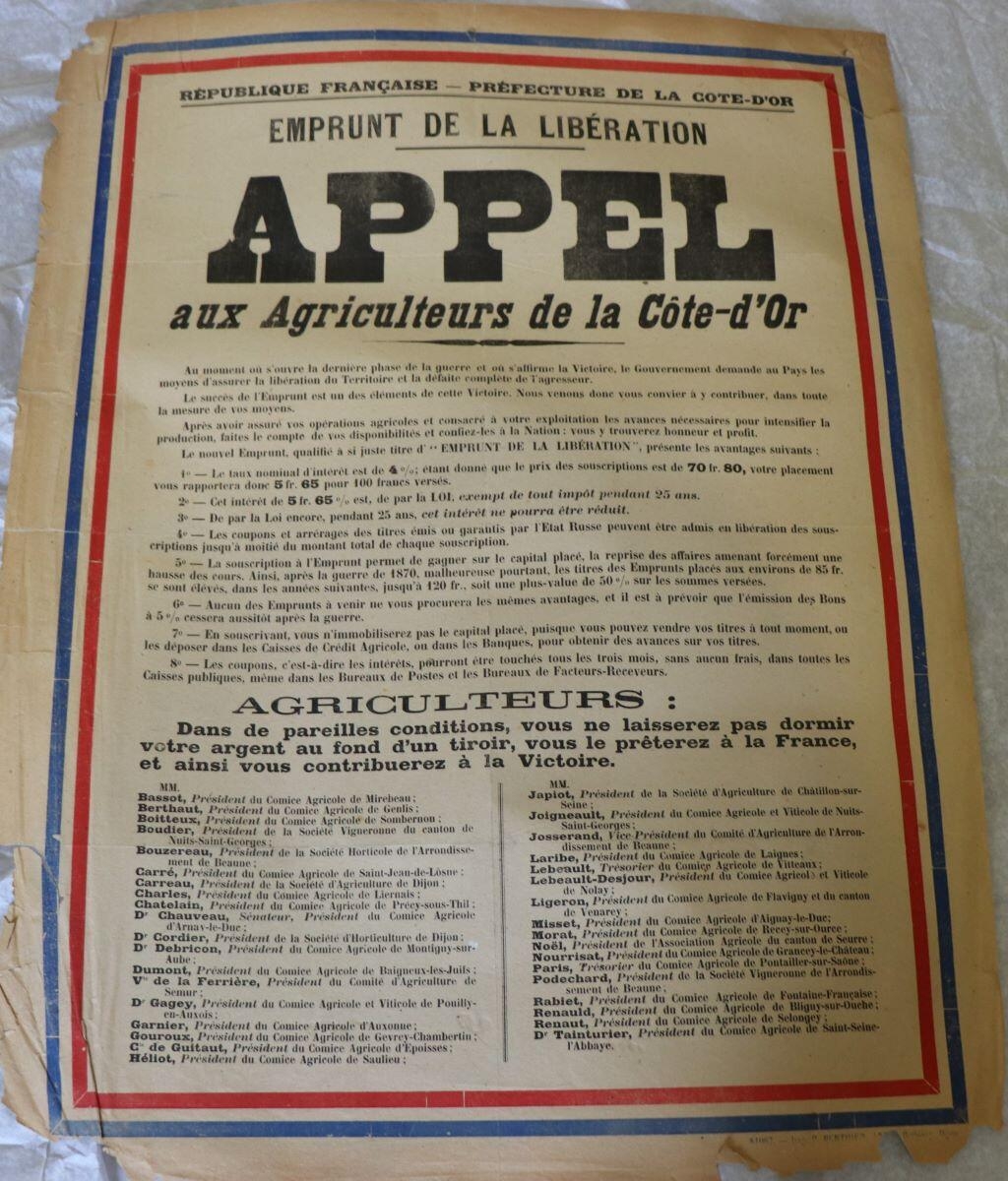 EMPRUNT DE LA LIBERATION / APPEL / aux Agriculteurs de la Côte-d'Or (titre inscrit)