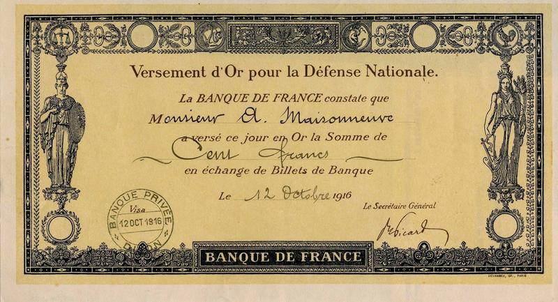 Versement d'Or pour la Défense Nationale. (titre inscrit)