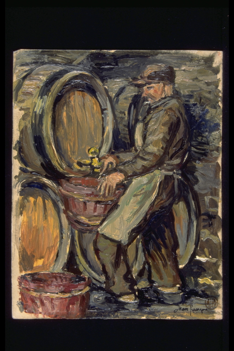 Soutirage dans la sapine à Chambolle chez le Marcel Noellat 1955 (titre inscrit, au verso)