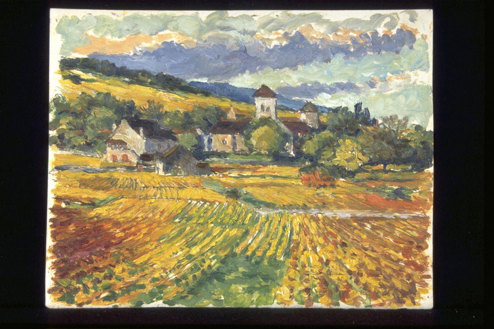 Gevrey Chambertin, Saint Aignan, chapitre, église et vignes d’automne (titre inscrit, au verso)