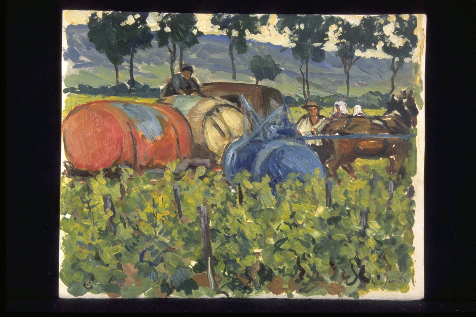 Eté, Tonneaux à sulfate entre Vougeot et Morey (titre inscrit, au verso)