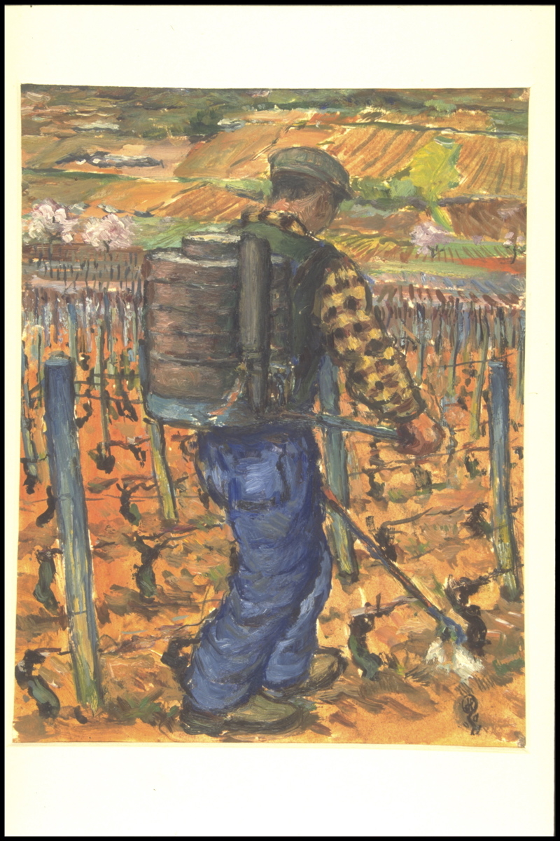 Printemps, épandage de désherbant à Morey (titre inscrit, au verso)