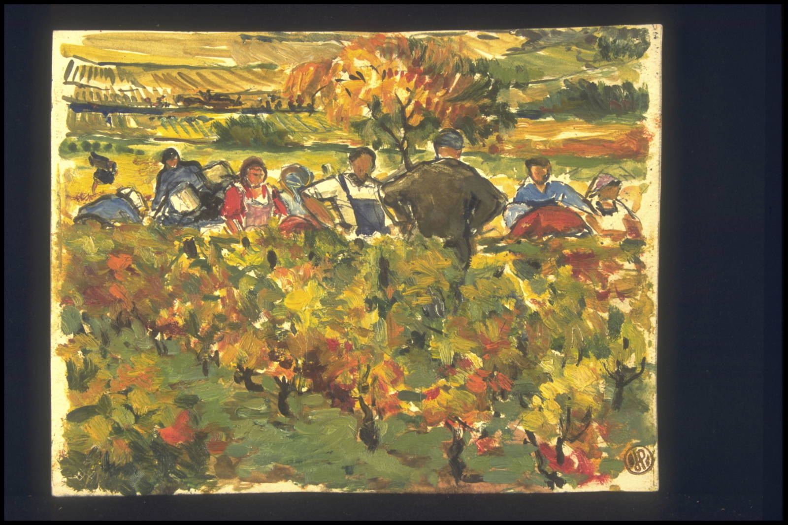 Automne vendanges, l’équipe de vendangeurs, fin de vendanges (titre inscrit, au verso)