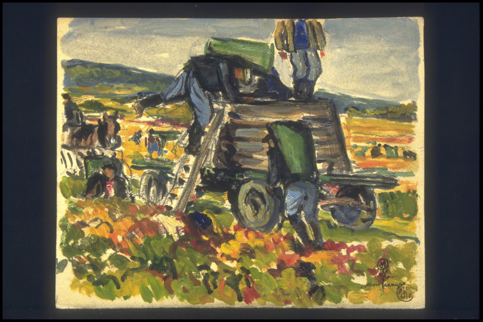 Automne vendanges, Porteurs de hottes et ballonge à Couchey (titre inscrit, au verso)