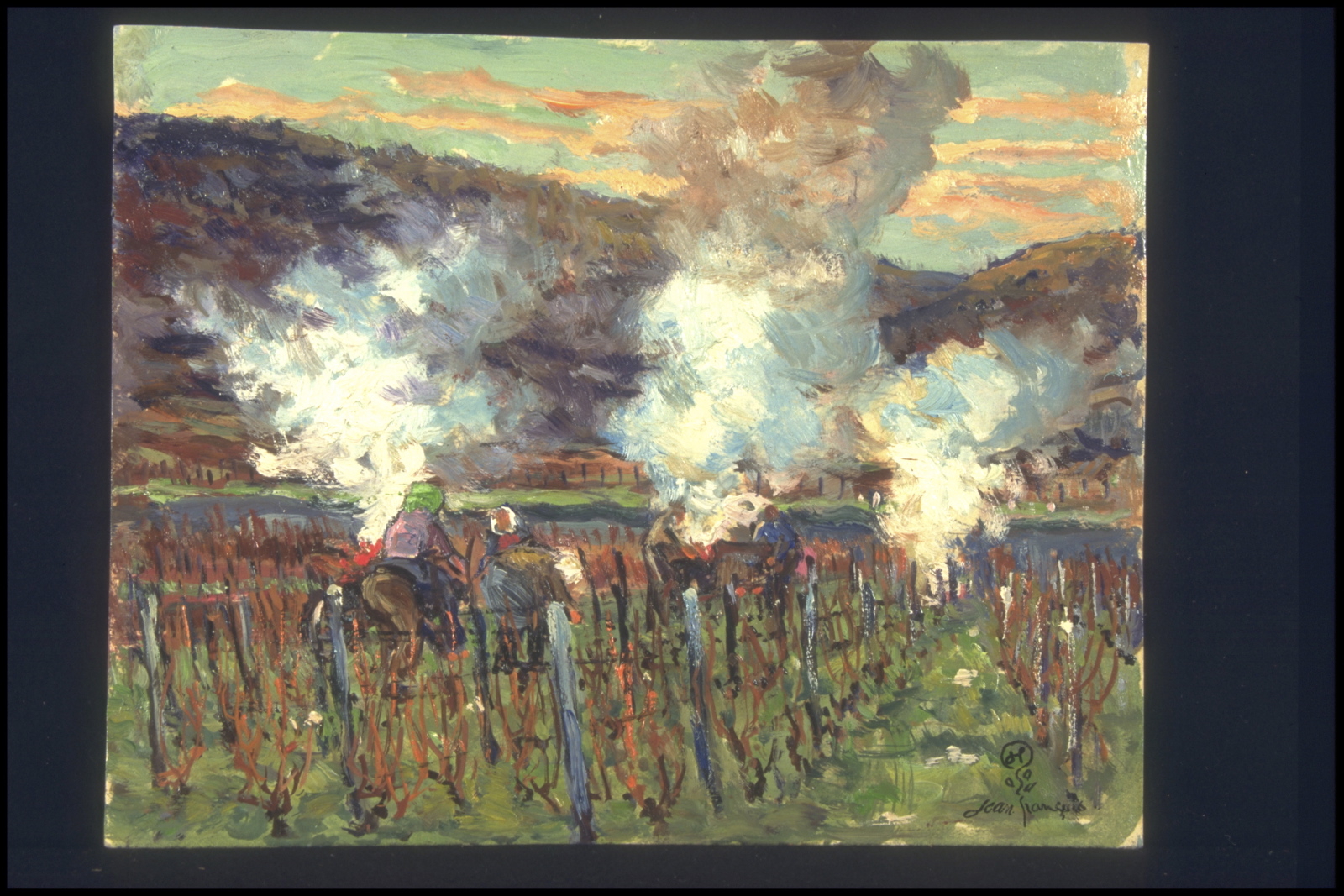 Automne travaux, feu de vigne au soleil couchant (titre inscrit, au verso)