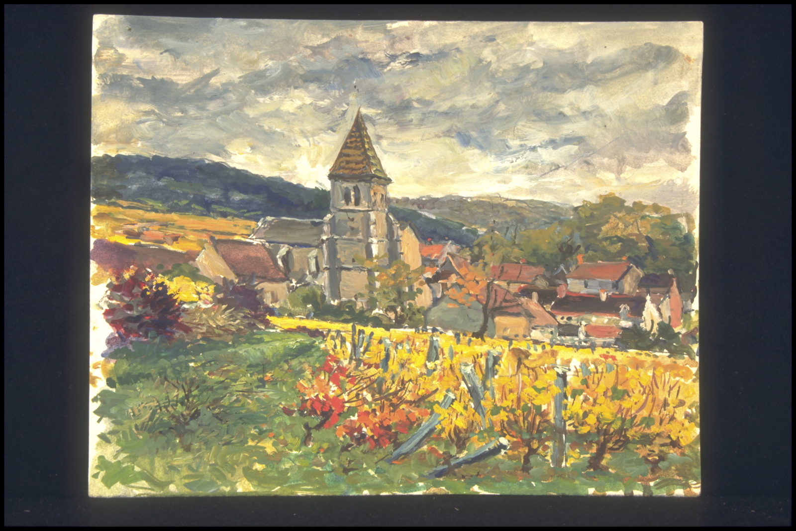Fixin, la matinée d’automne, vignes jaunes (titre inscrit, au verso)