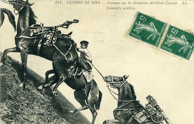 214 GUERRE DE 1914 - Cosaques sur les Karpattes. - Artillerie Cosaque - LL. Cossacks's artillery (titre inscrit, anglais)