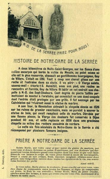 N-D. DE LA SERRÉE PRIEZ POUR NOUS ! (titre inscrit) / HISTOIRE DE NOTRE-DAME DE LA SERRÉE (sous titre inscrit)