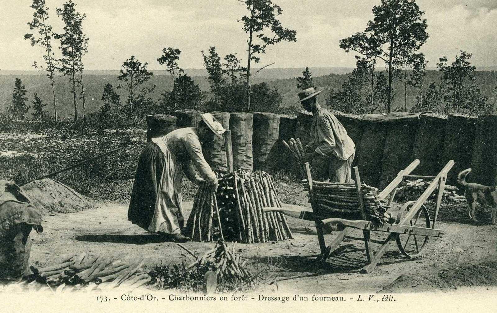 173. - Côte-d'Or. - Charbonniers en forêt - Dressage d'un fourneau. (titre inscrit)