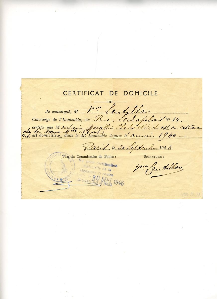 Certificat de domicile de Charles NOIROT à Paris en date du 30 septembre 1946