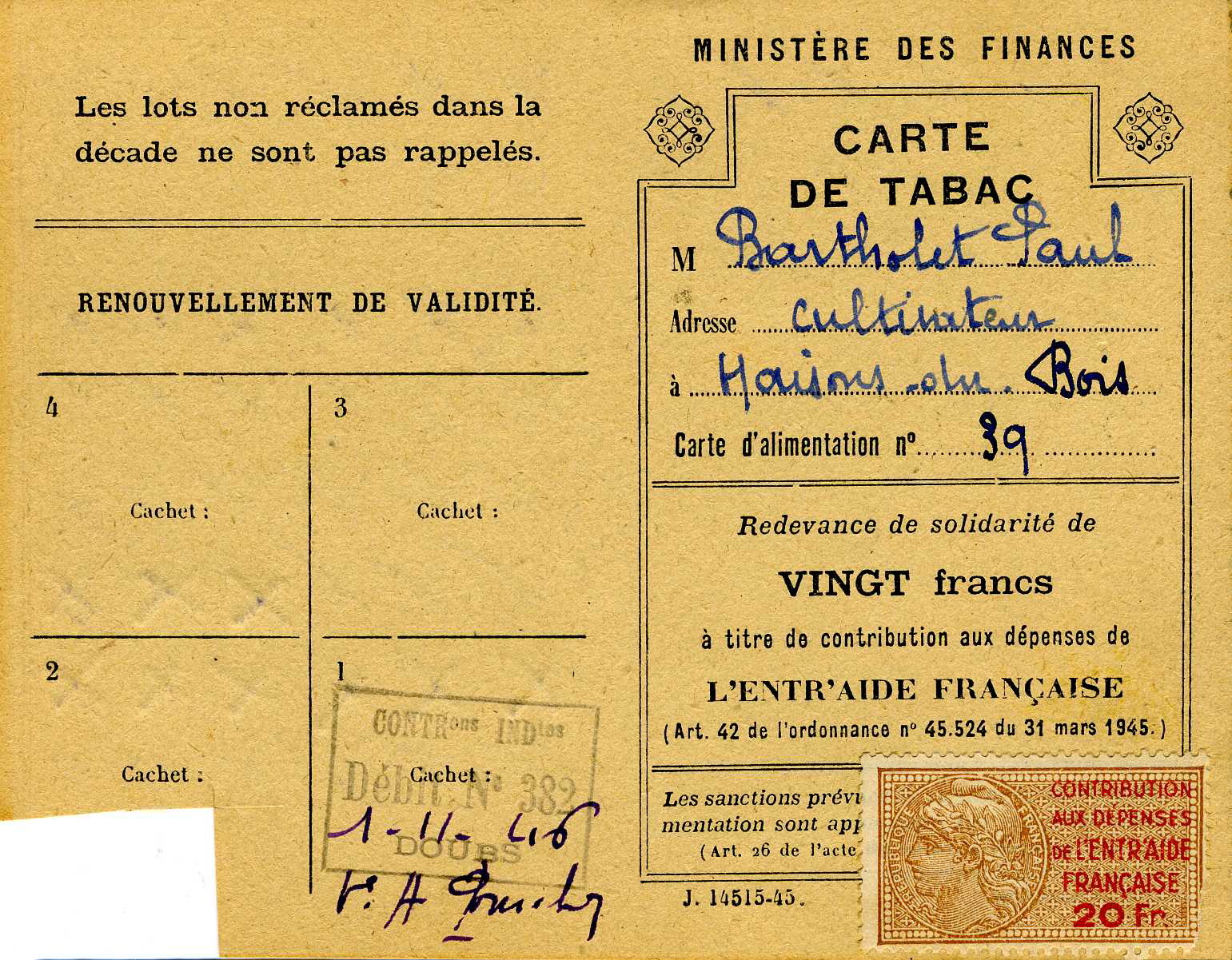 CARTE DE TABAC (titre inscrit)