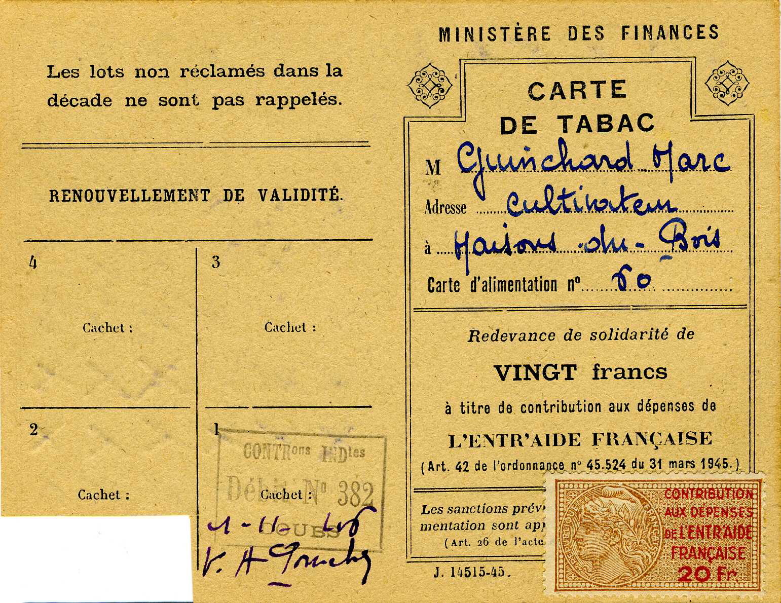 CARTE DE TABAC (titre inscrit)