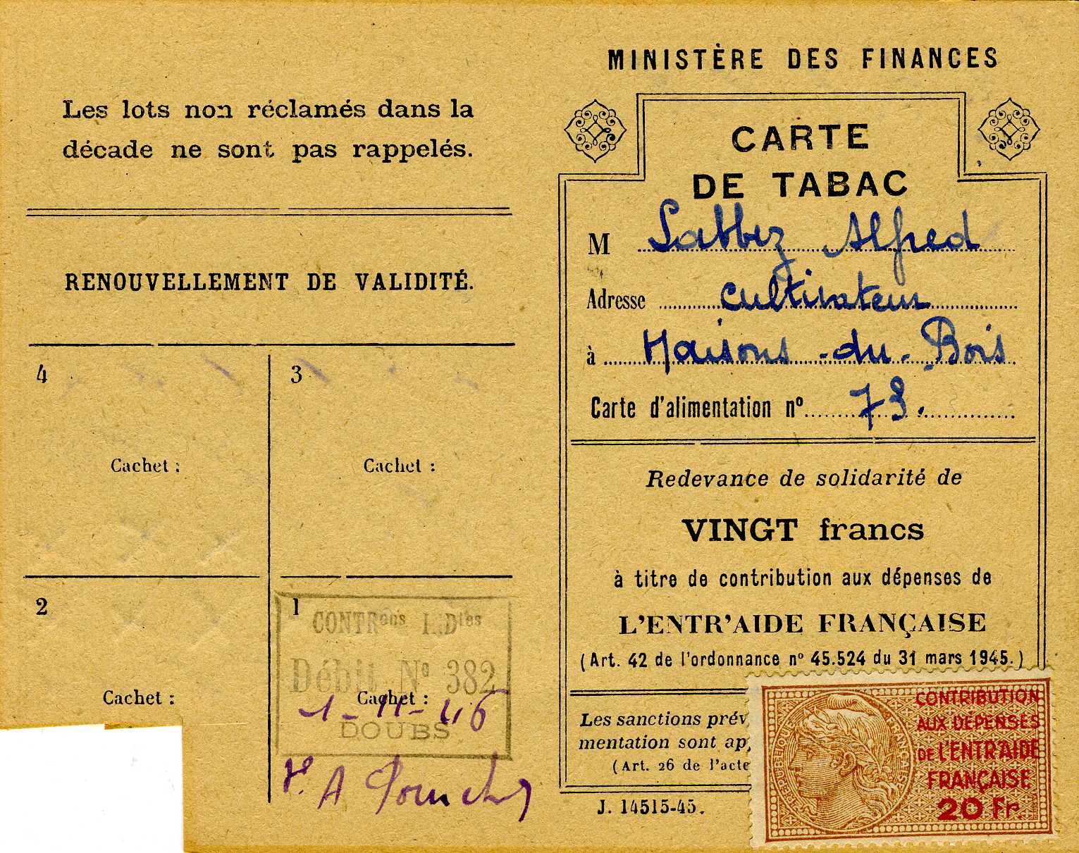 CARTE DE TABAC (titre inscrit)