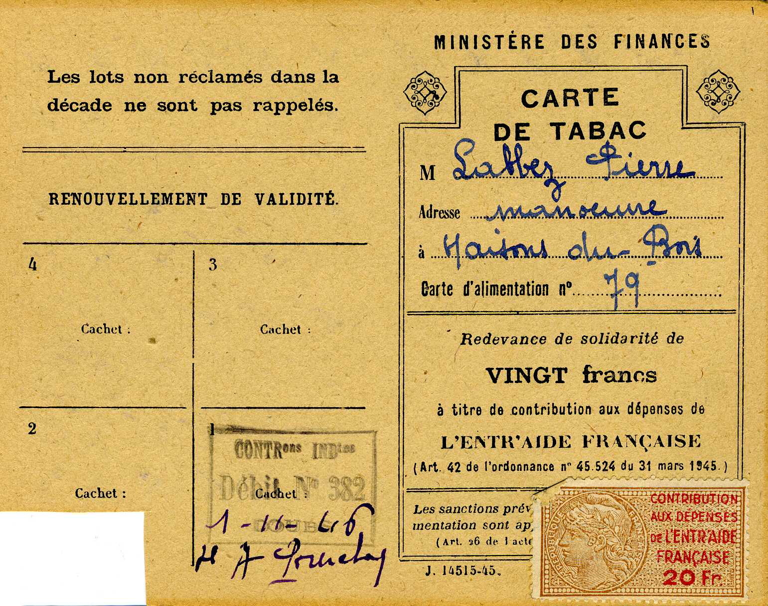 CARTE DE TABAC (titre inscrit)