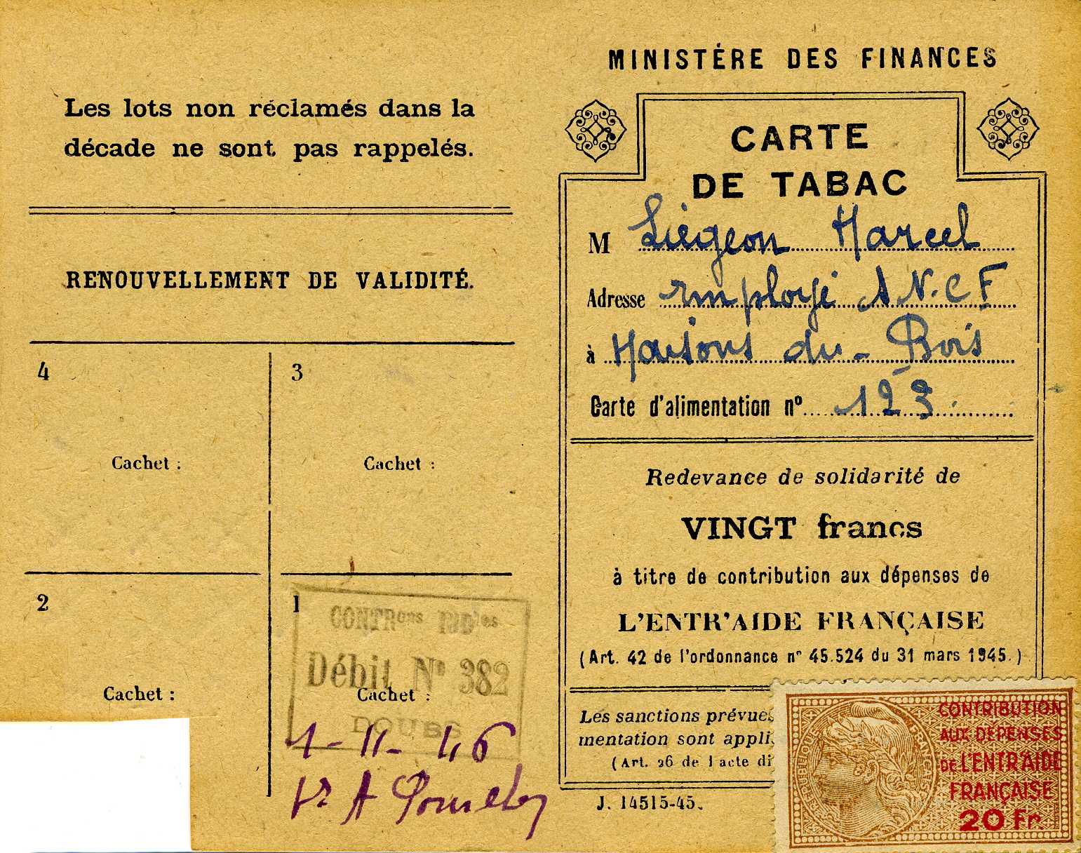 CARTE DE TABAC (titre inscrit)