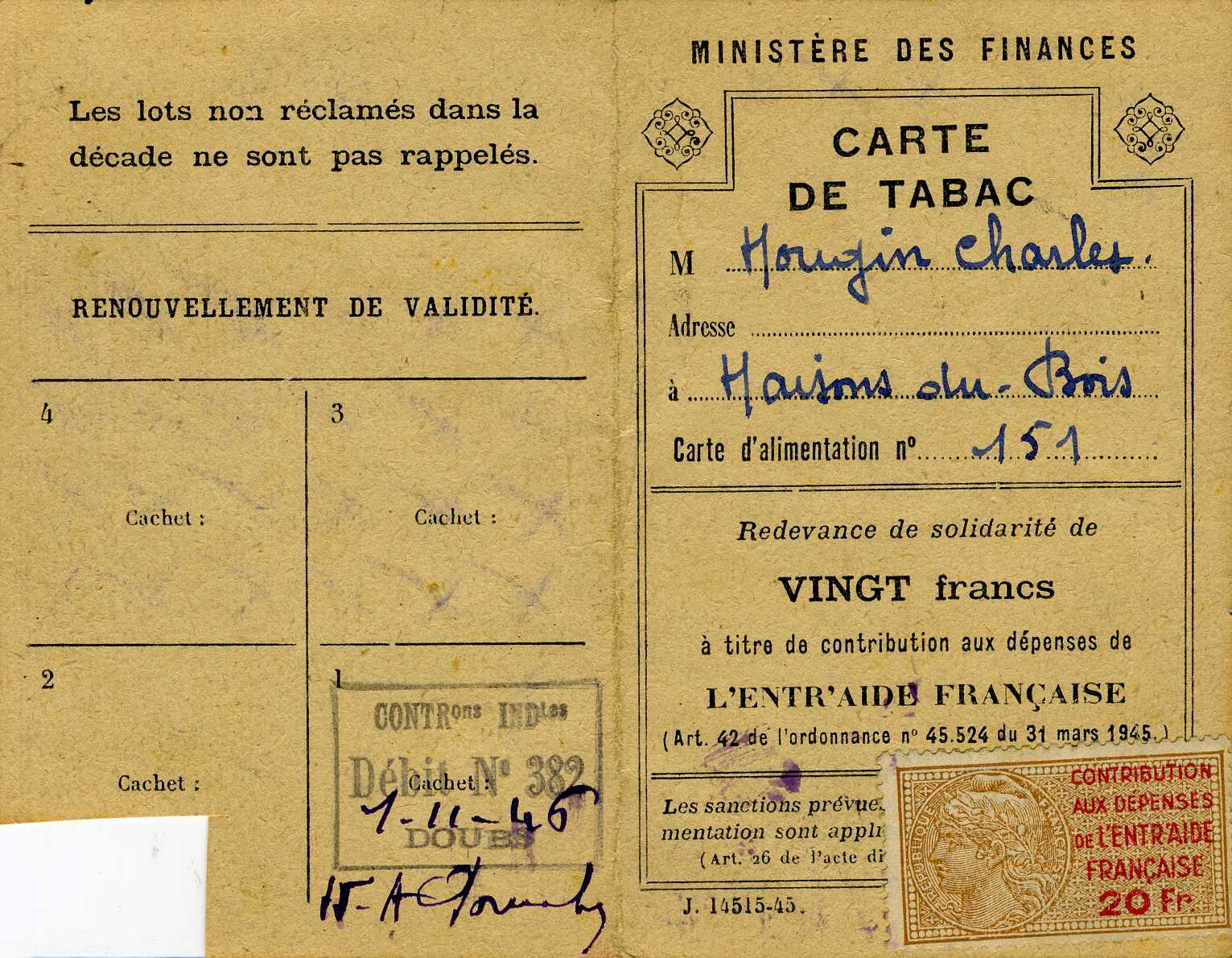 CARTE DE TABAC (titre inscrit)