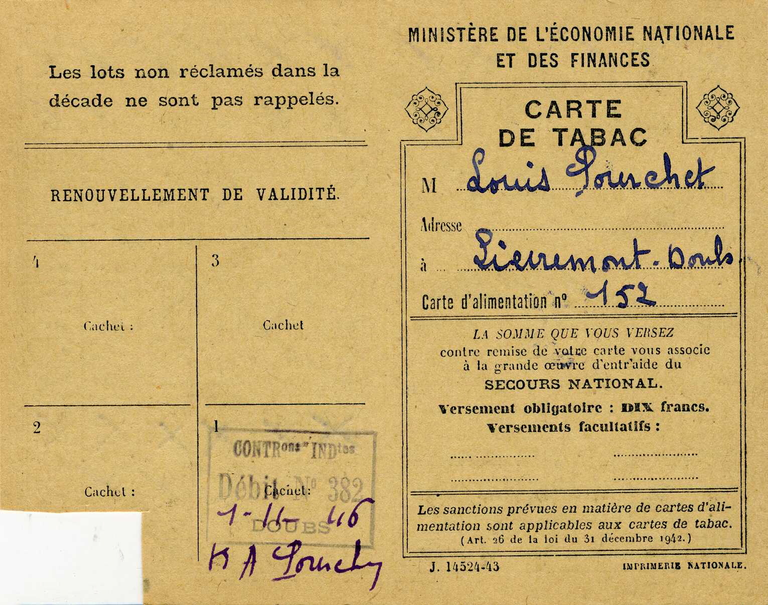 CARTE DE TABAC (titre inscrit)