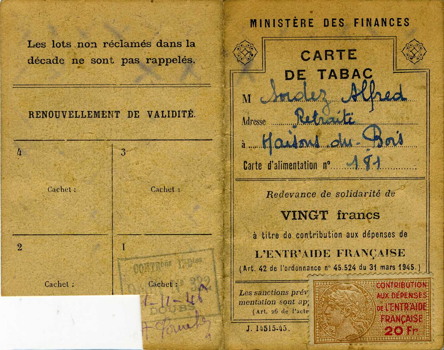 CARTE DE TABAC (titre inscrit)