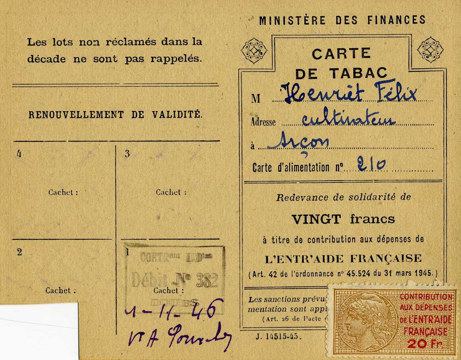 CARTE DE TABAC (titre inscrit)