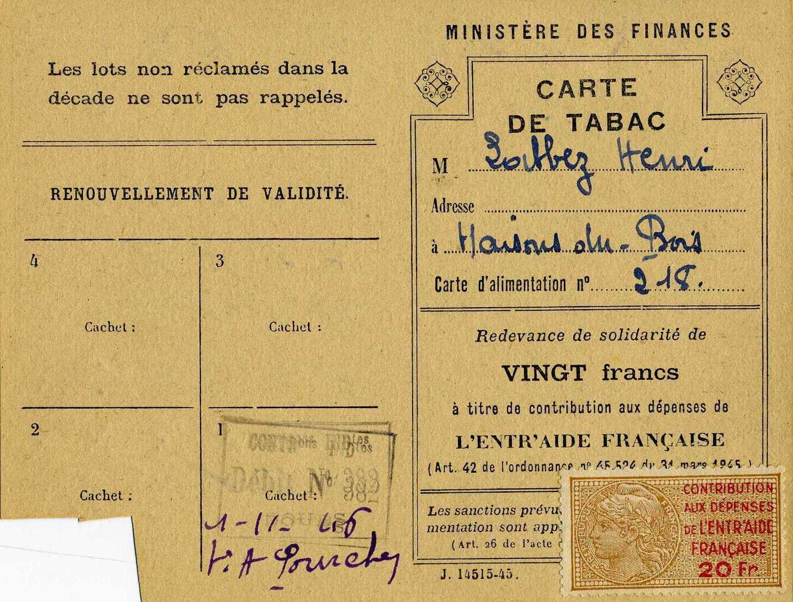 CARTE DE TABAC (titre inscrit)