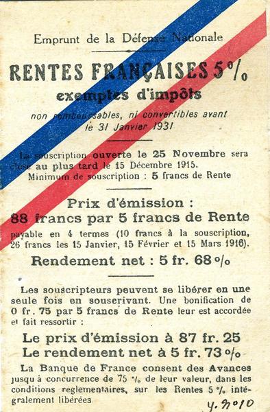 Emprunt de la Défense Nationale / RENTES FRANÇAISE 5% / exemptes d'impôts (titre imprimé)