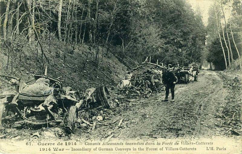 61. - Guerre de 1914 - Convois Allemands incendiés dans la Forêt de Villers-Cotterêts / 1914 War - Incendiary of German Convoys in the Forest of Villers-Cotterêts (titre inscrit, anglais)