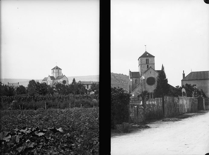 St Symphorien, 2 clichés : vue éloignée derrière les jardins et une vue plus rapprochée et chevet (titre usuel)