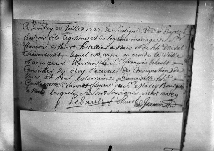 Acte de baptême de Fr. Thurot : (22 Juillet 1727) (titre usuel)