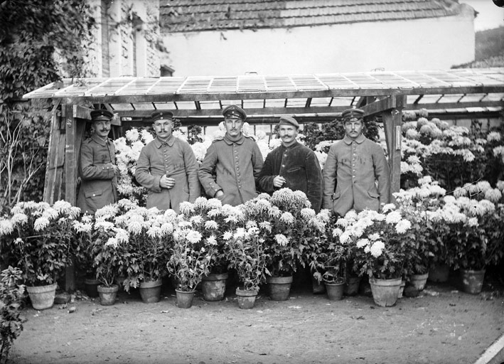 5 militaires (ou prisonniers allemands ?) derrière des pots de chrysanthèmes (titre usuel)