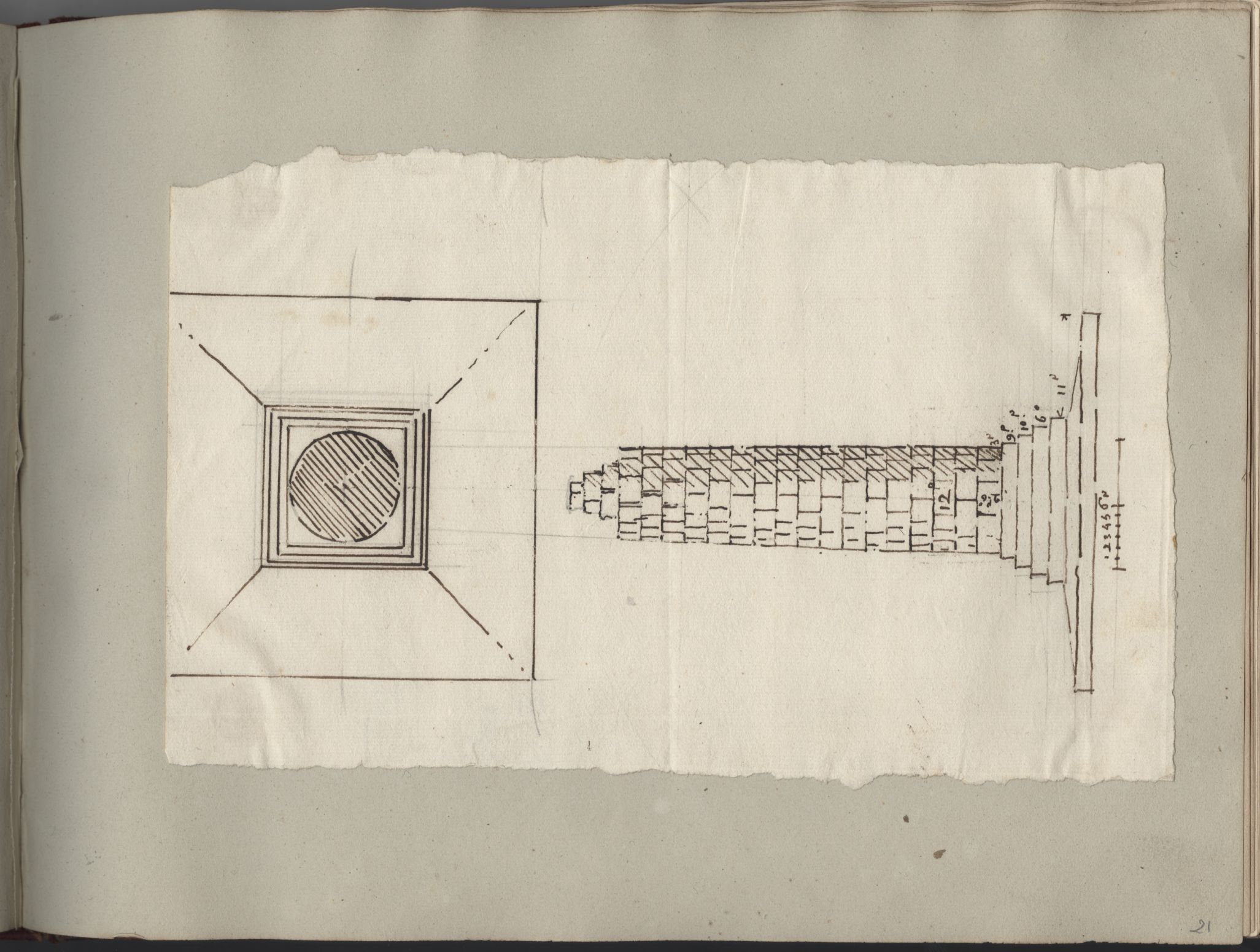 Coupe et relevé d'un fragment architectural [une tour?]
