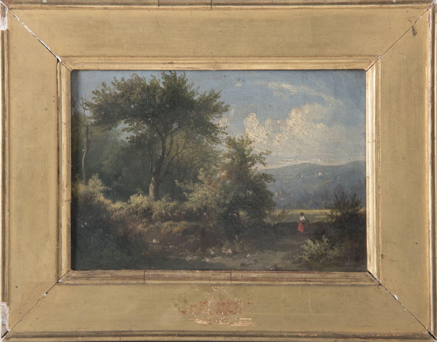 Paysage avec femme en robe rouge
