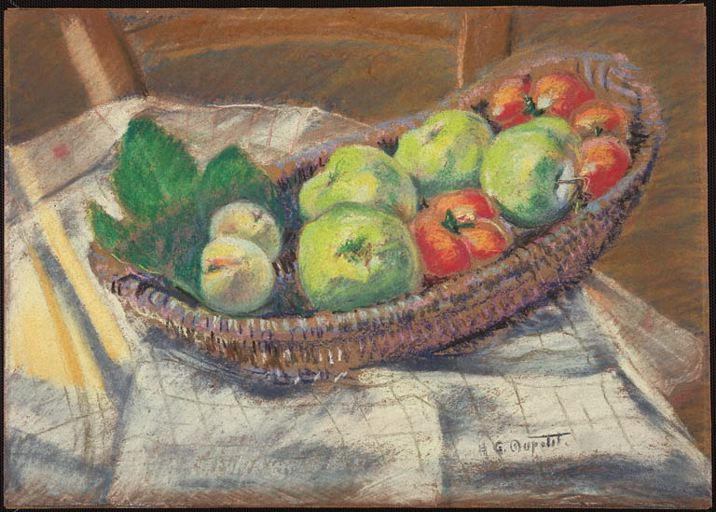 Corbeille de fruits, pommes, tomates, pêches, Rouvrat