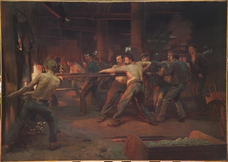 Enfournement et défournement de lingots (établissements de Wendel à Hayange) ou Laminage de l'acier : enfournement et défournement des lingots