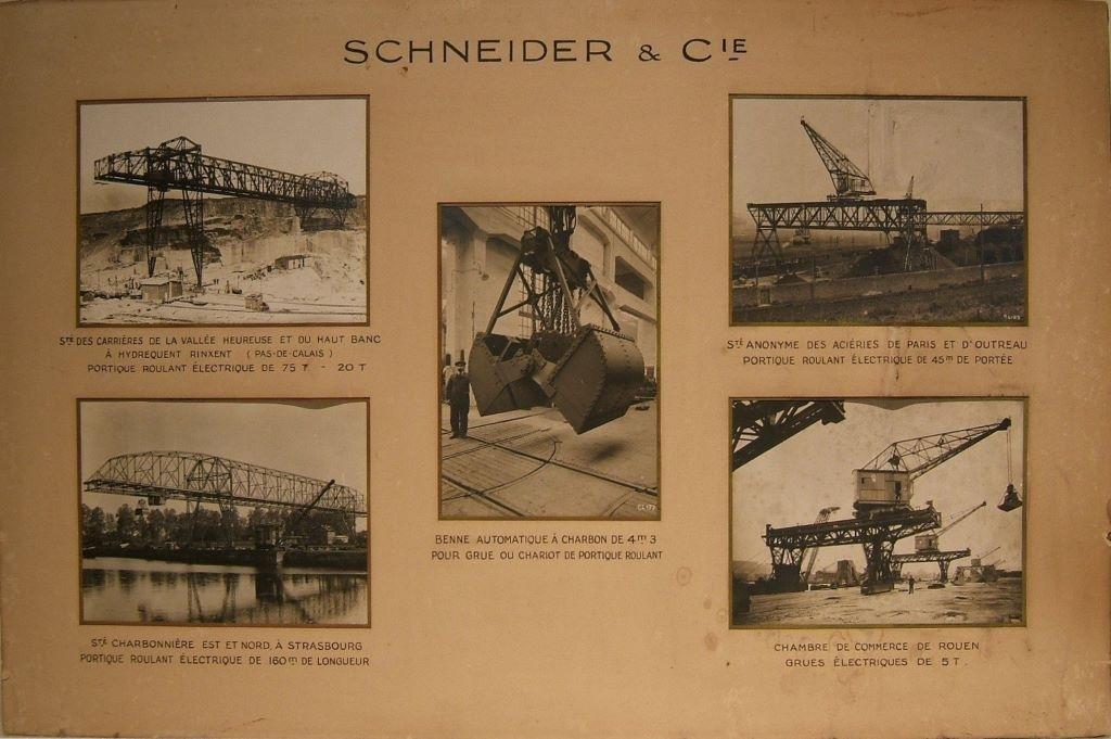 Matériel Schneider et Compagnie : société des carrières de la vallée Heureuse et du Haut Banc, société charbonnière est et nord à Strabourg, benne automatique à charbon, société anonyme des aciéries de Paris et d'Outreau, chambre de commerce de Rouen.