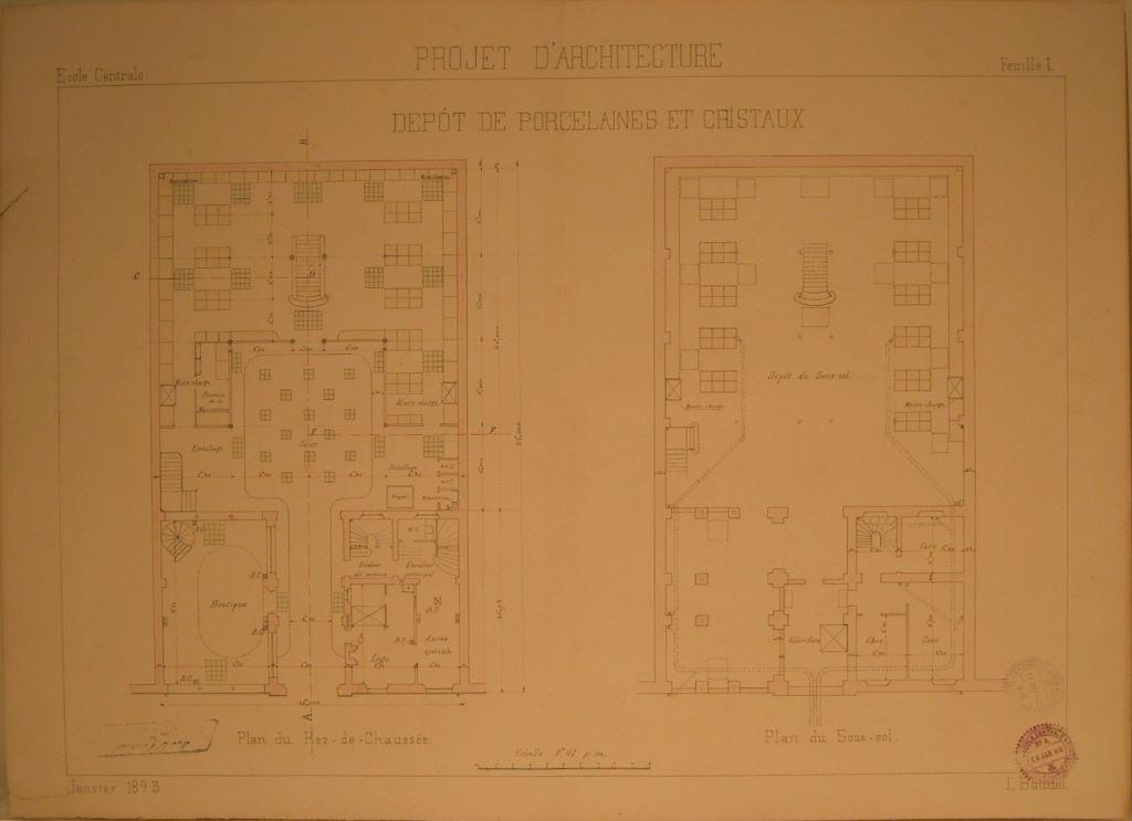 Projet d'architecture : dépôt de porcelaines et cristaux, feuille I