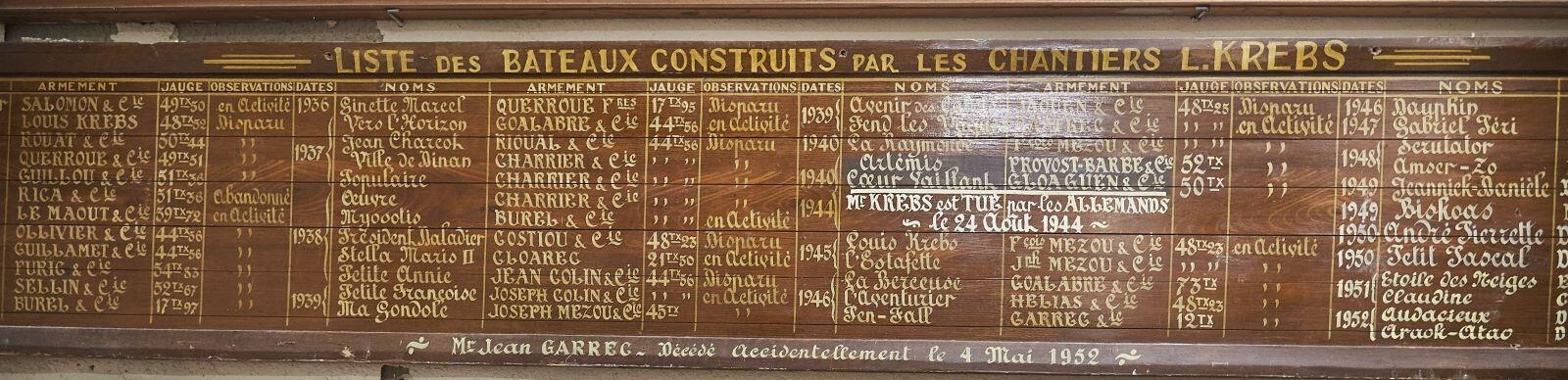 Liste des bateaux construits par les chantiers L. Krebs (titre inscrit) ; 1930 à 1952