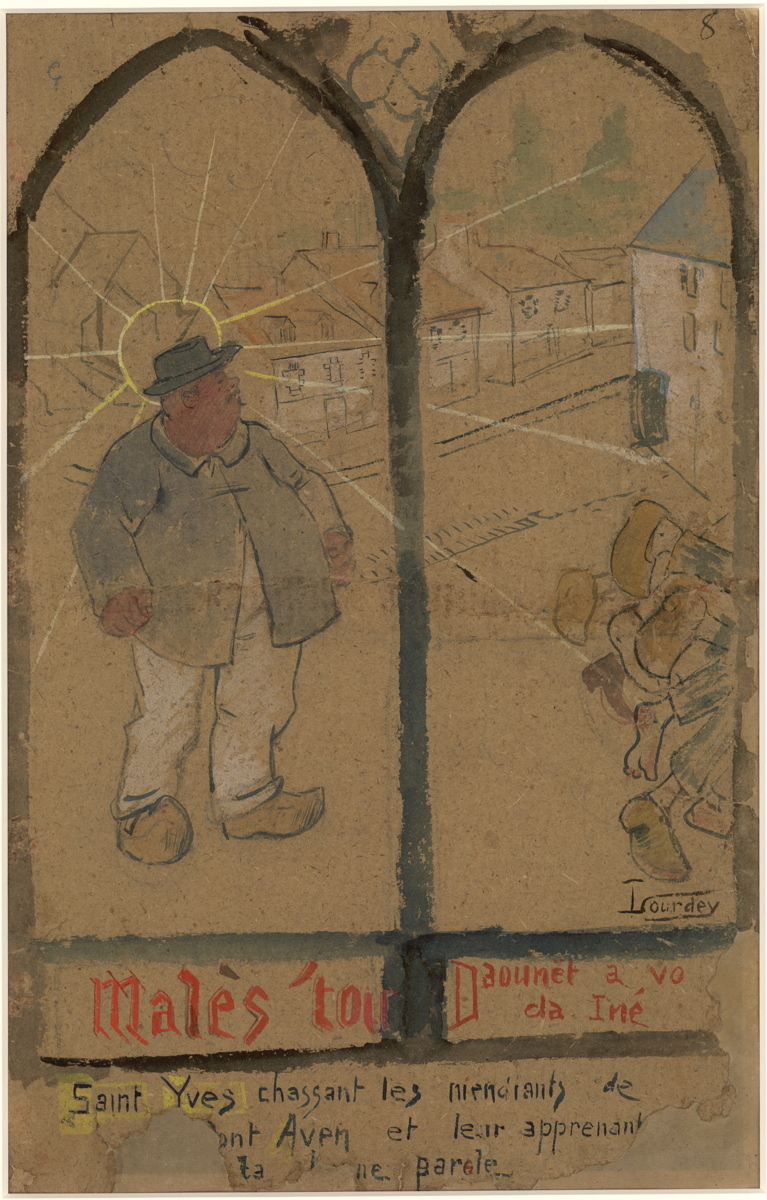 Page du livre d'or de la Pension Gloanec. Saint-Yves chassant les mendiants (recto) et une formule et du texte (verso)