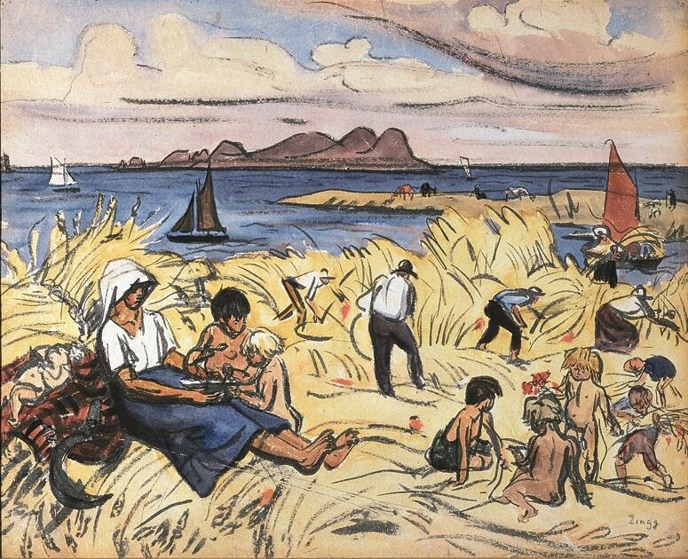 Moisson au bord de la mer devant l'île Tomé