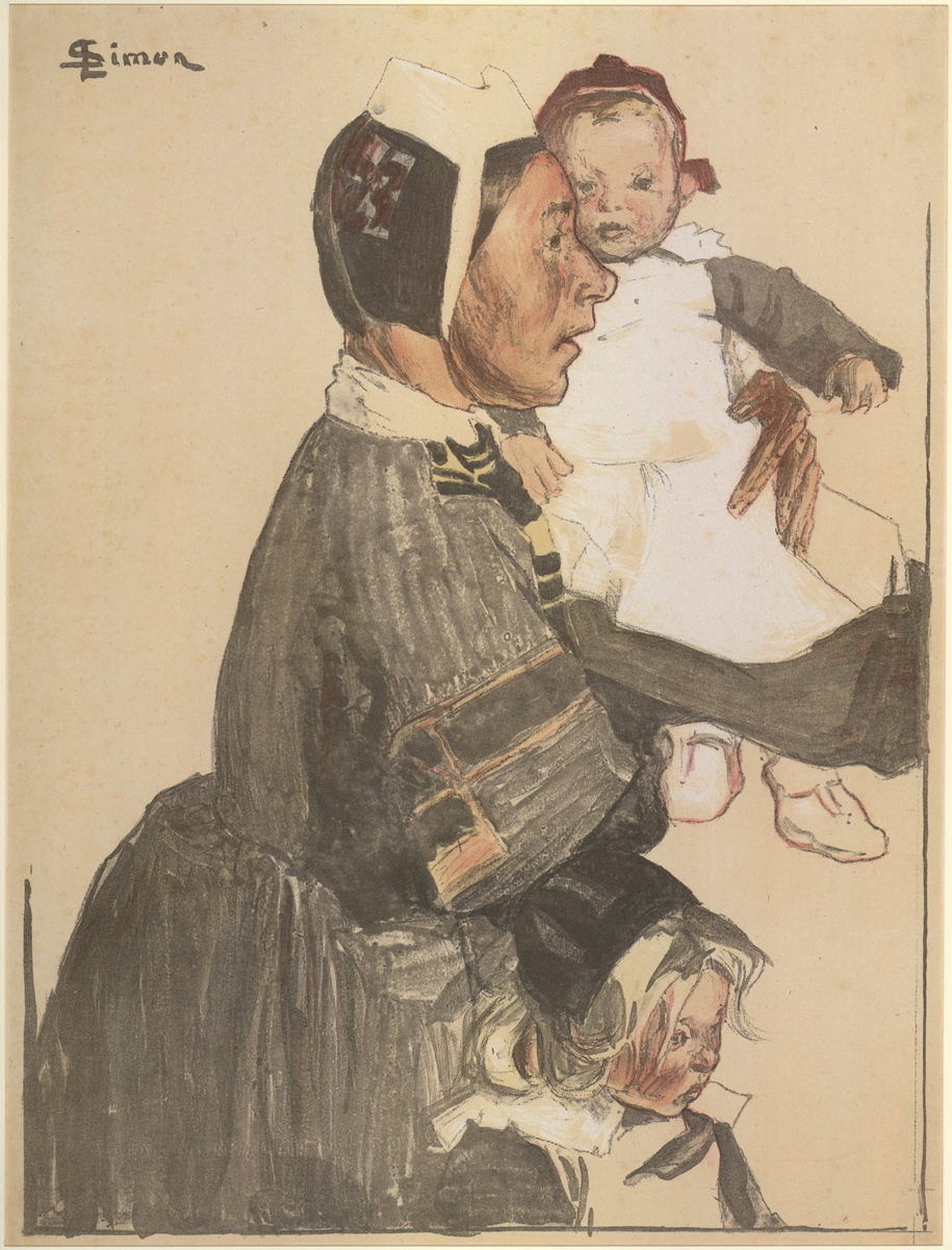 Vieille Bretonne conduisant des enfants