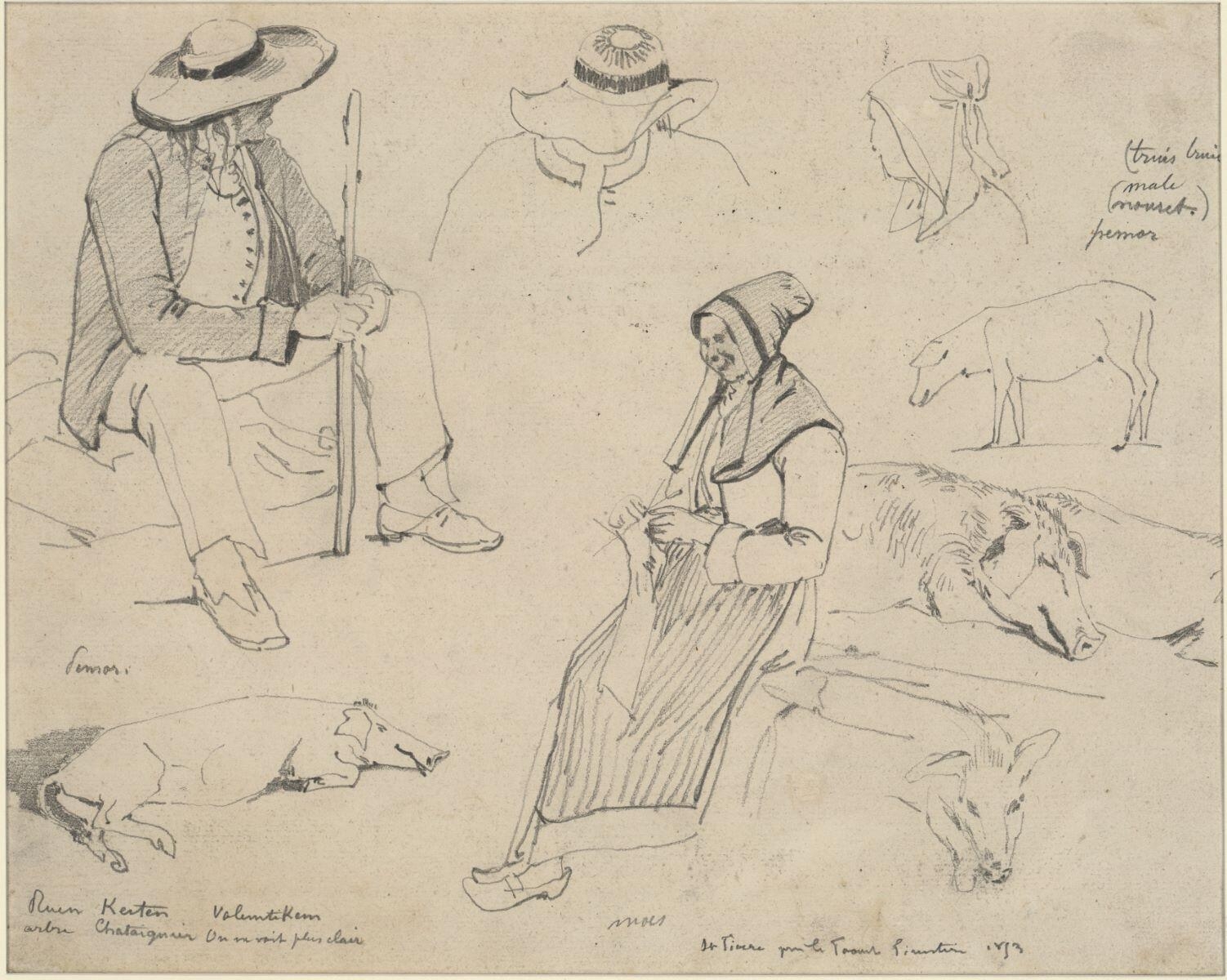 Paysan et paysanne gardant des cochons, Saint-Fiacre au Faouët