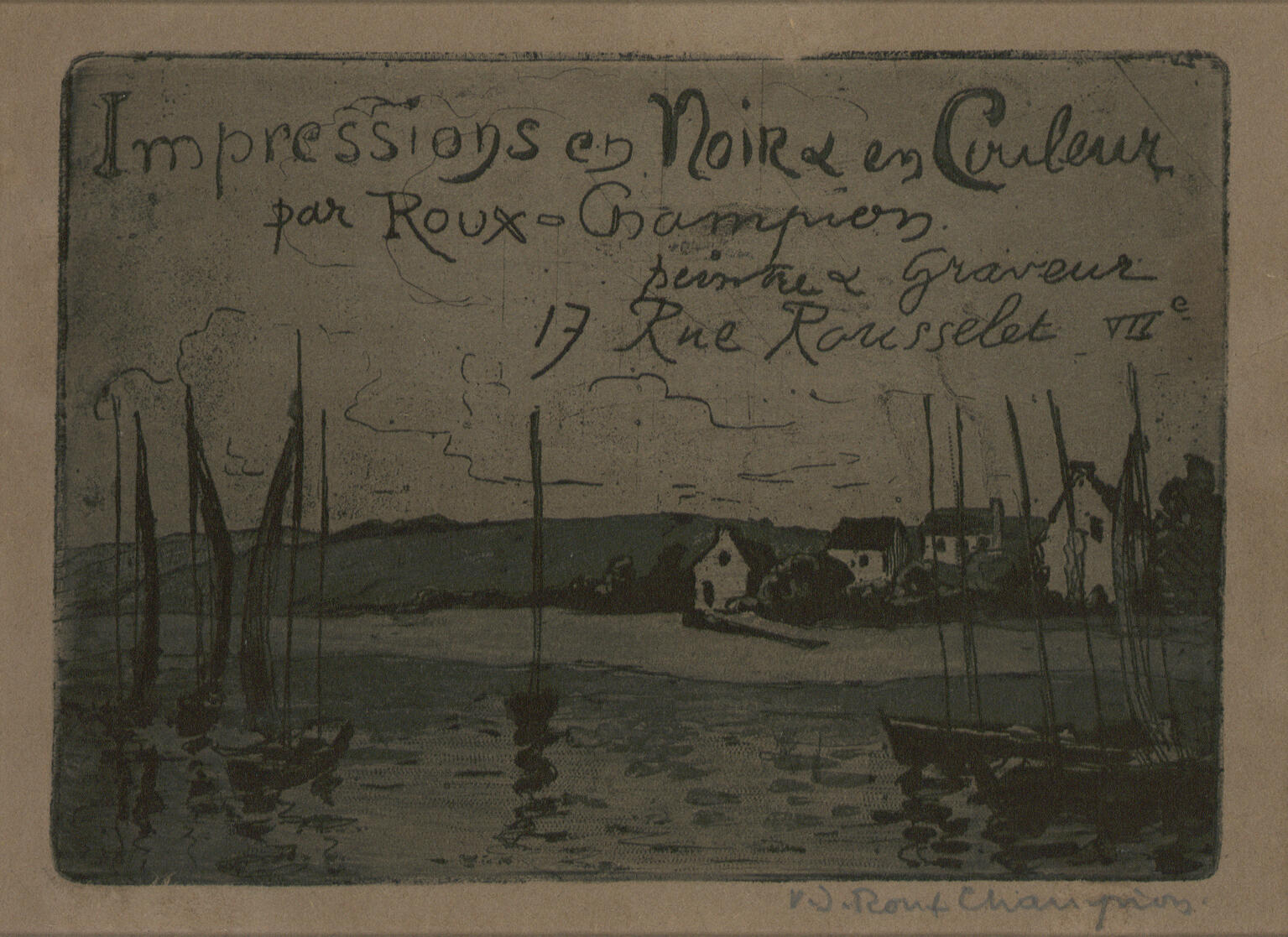 Carte adresse représentant un port breton "Impressions en noir & en couleur par Roux-Champion, peintre graveur, 17 rue Rousselet VIIe