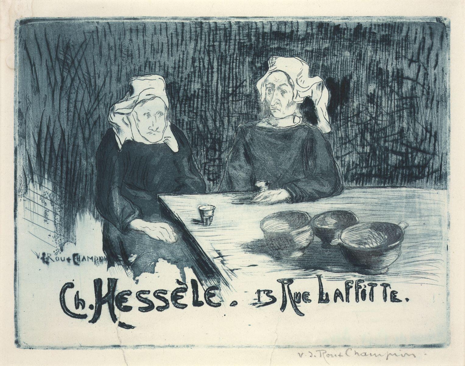 Carte adresse représentant Deux Bretonnes attablées "Chez Hessèle 13, rue Laffittee