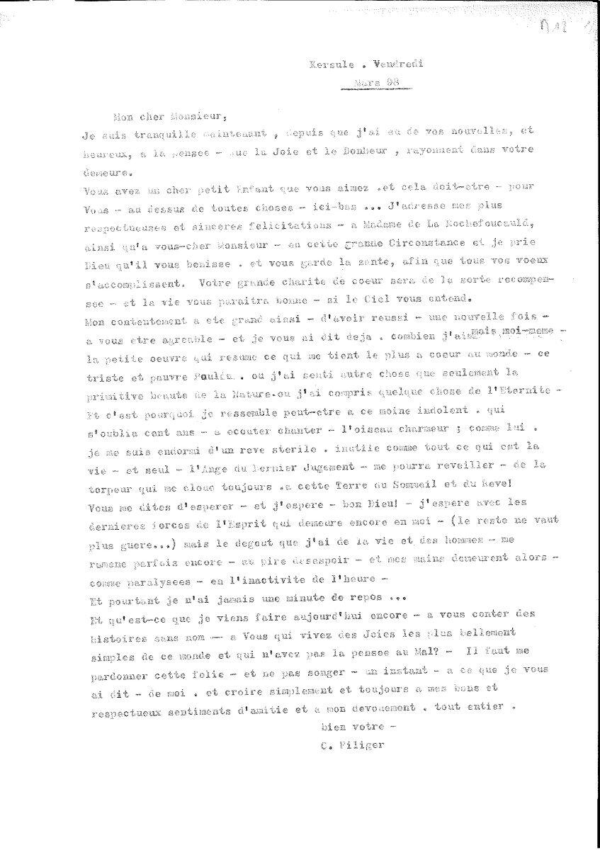 Lettre de Charles Filiger à Antoine de La Rochefoucauld