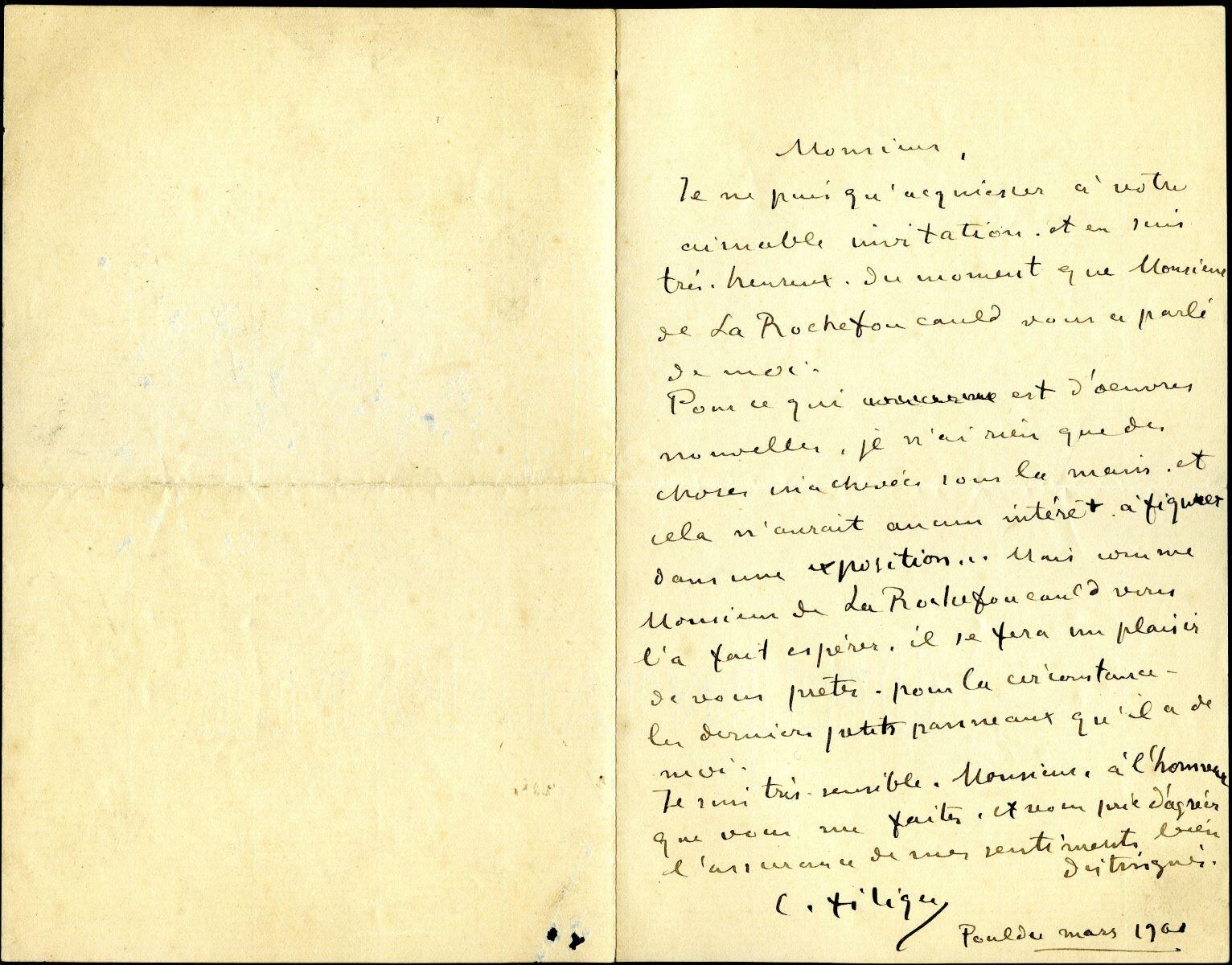 Lettre de Charles Filiger à Antoine de La Rochefoucauld