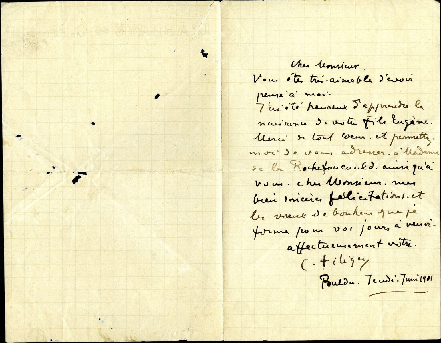Lettre de Charles Filiger à Antoine de La Rochefoucauld