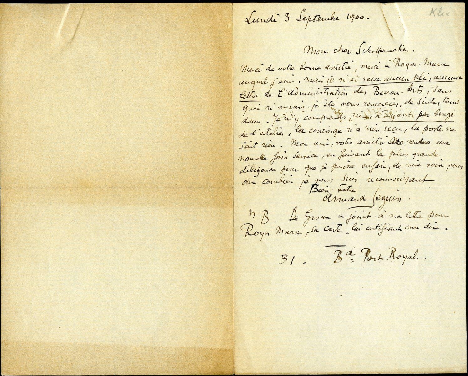 Lettre d'Armand Seguin à Emile Schuffenecker et son enveloppe