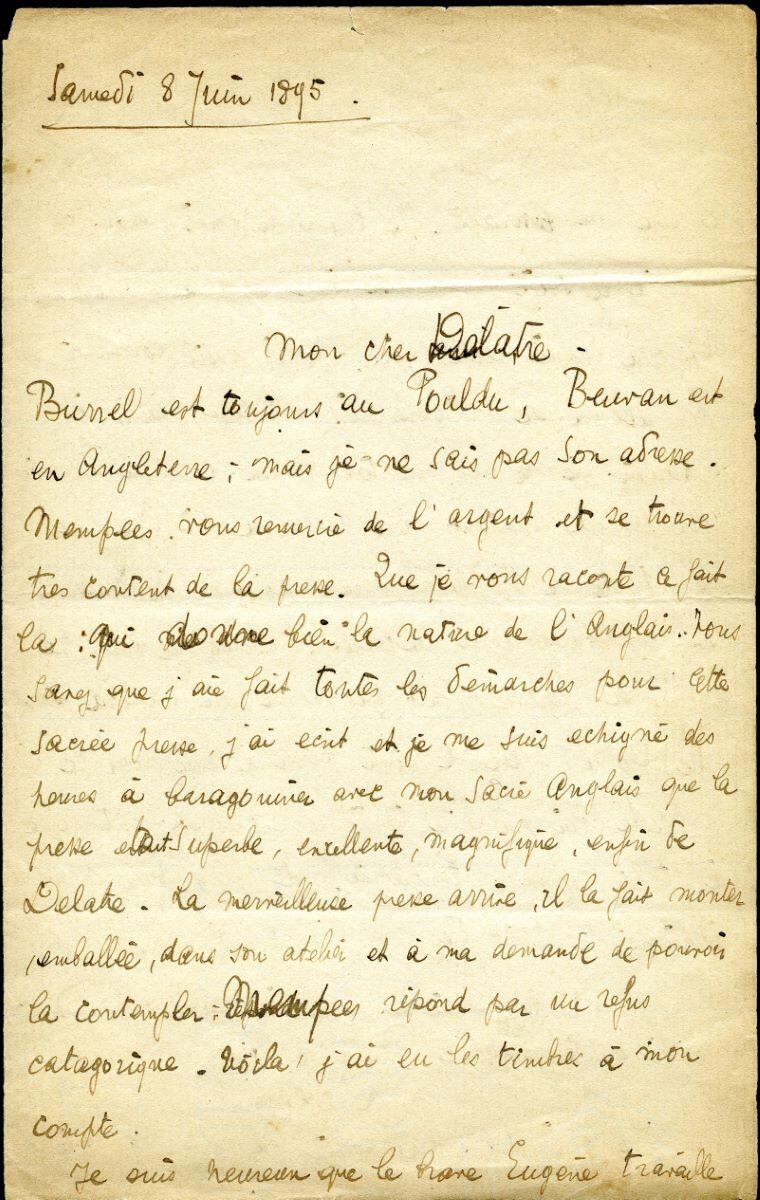 Lettre d'Armand Seguin à Auguste Delâtre