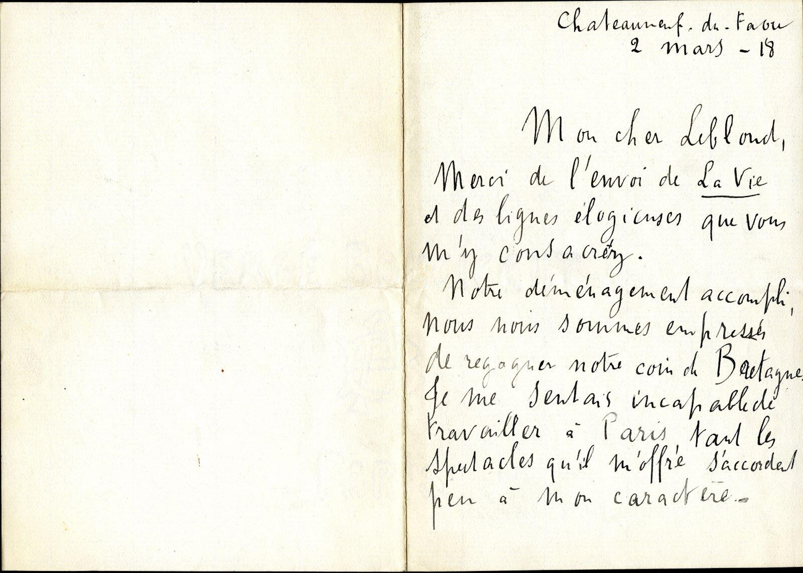 Lettre de Paul Sérusier à Monsieur Leblond