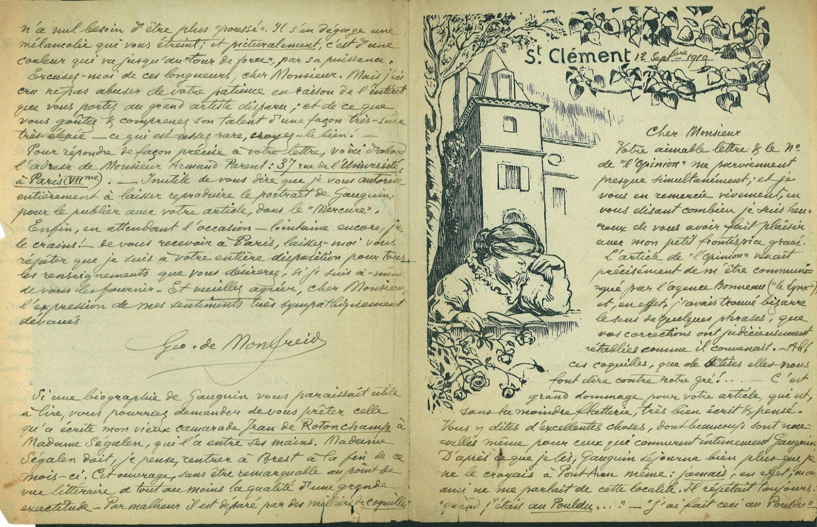 Lettre de Georges Daniel de Monfreid à Charles Chassé